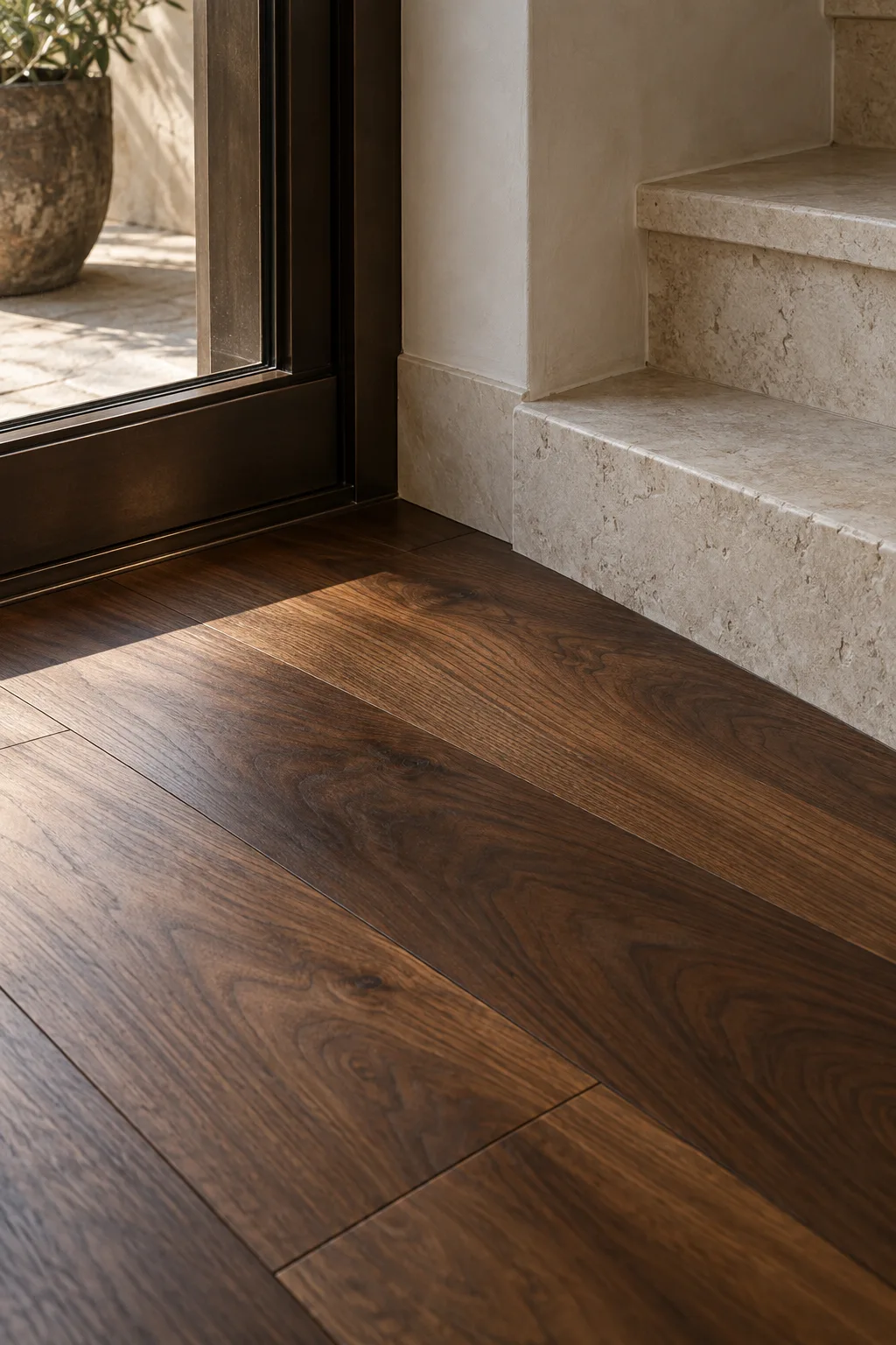 Close view of walnut flooring meeting a limestone stair